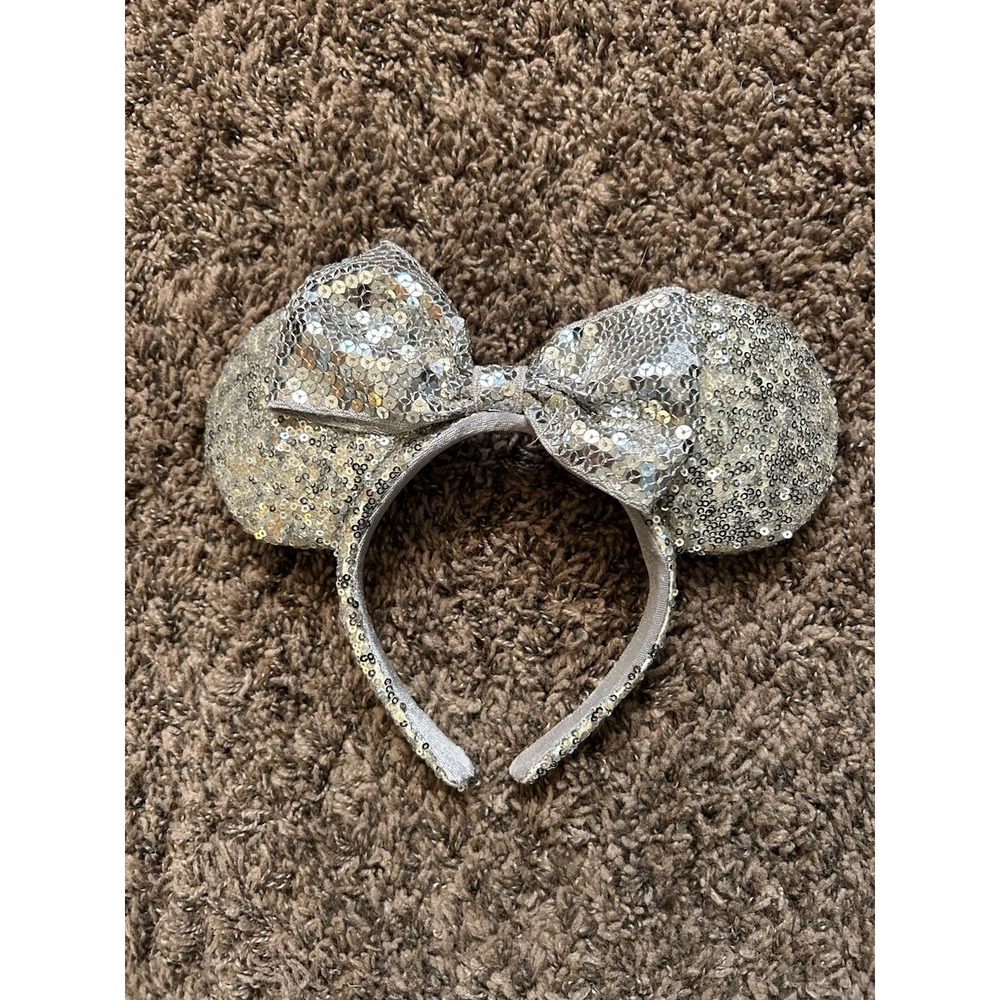 Disney Parks Minnie Mouse Silver Sequin Ear Headband Bow Metallic Sparkle